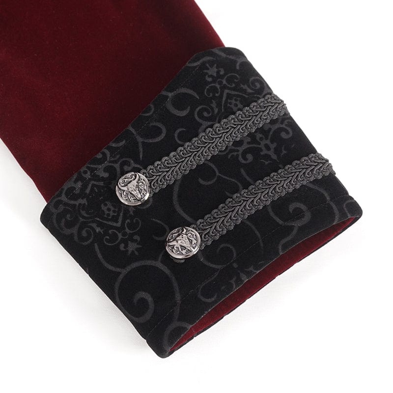 DEVIL FASHION Men's Gothic Stand Collar Lace Splice Swallow-tailed Coat Red