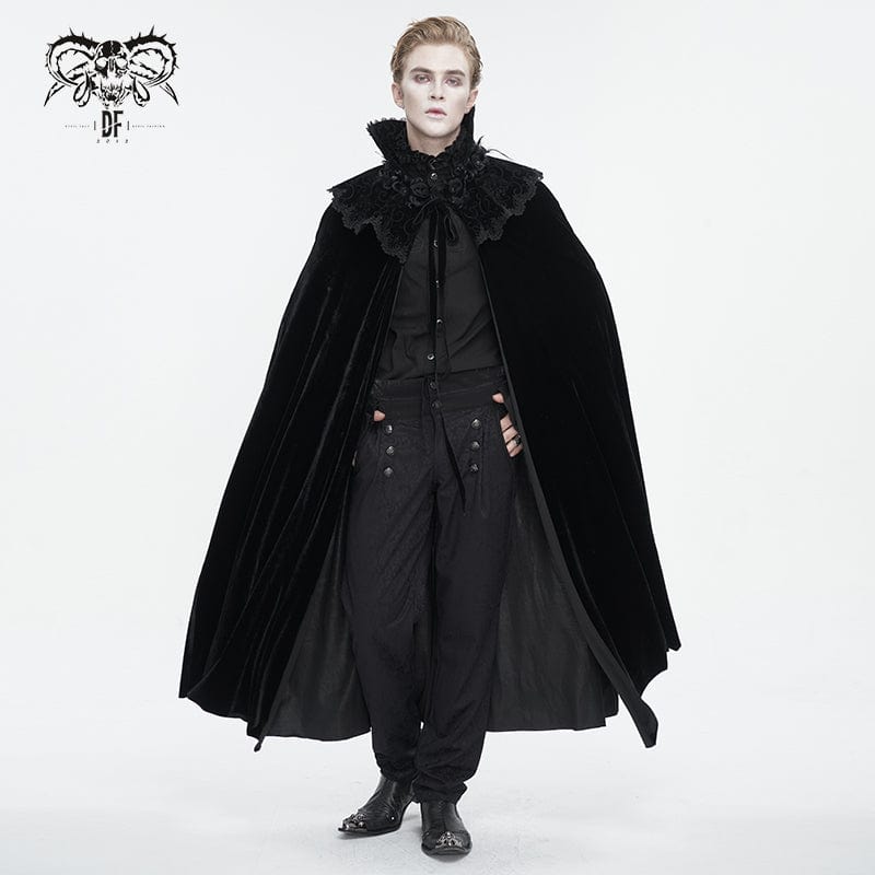 DEVIL FASHION Men's Gothic Stand Collar Lace Splice Velvet Cloak