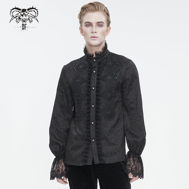 DEVIL FASHION Men's Gothic Stand Collar Puff Sleeved Lace Splice Shirt