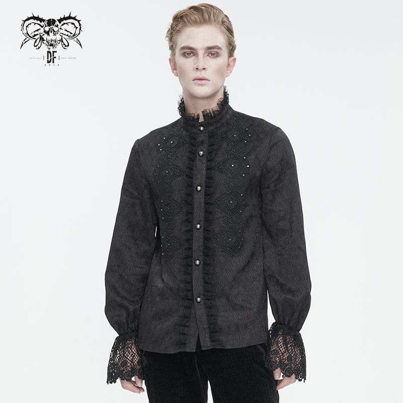 Men's Gothic Stand Collar Puff Sleeved Lace Splice Shirt – Punk Design