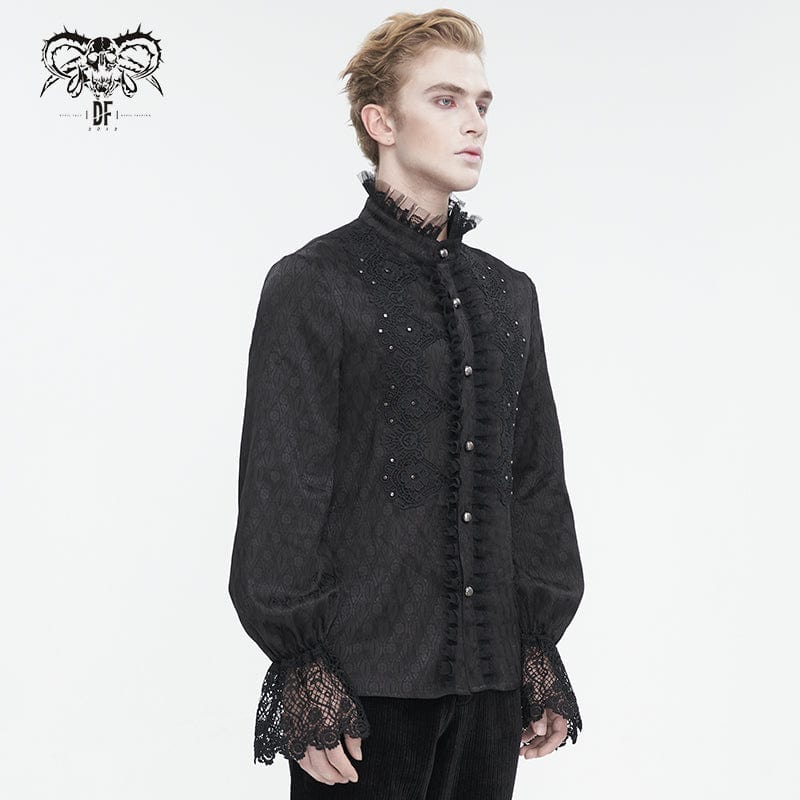 DEVIL FASHION Men's Gothic Stand Collar Puff Sleeved Lace Splice Shirt