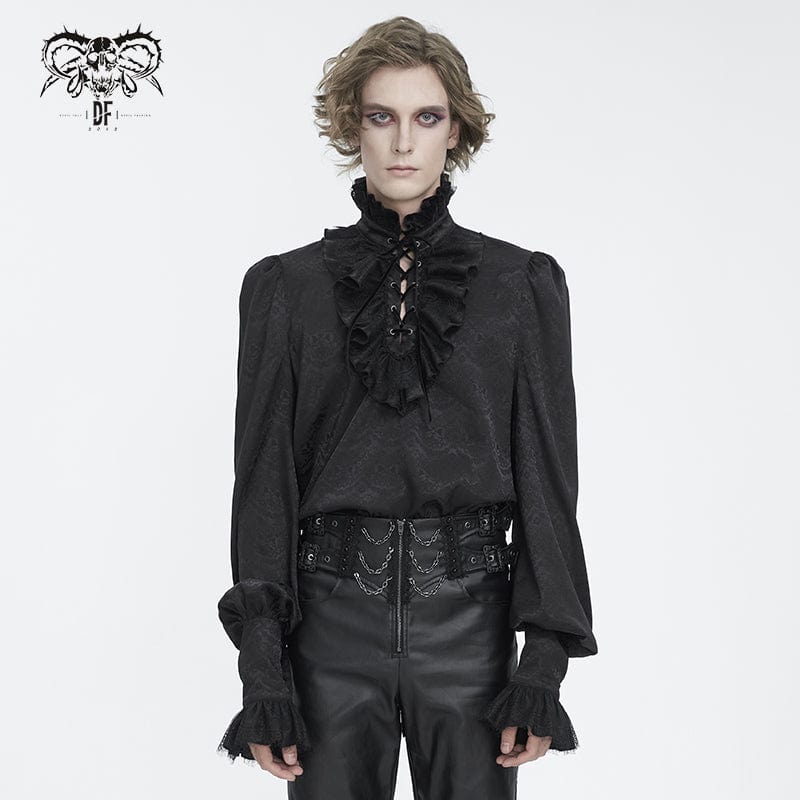 DEVIL FASHION Men's Gothic Stand Collar Ruffled Jacquard Shirt