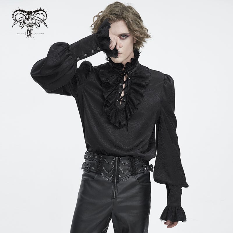 DEVIL FASHION Men's Gothic Stand Collar Ruffled Jacquard Shirt