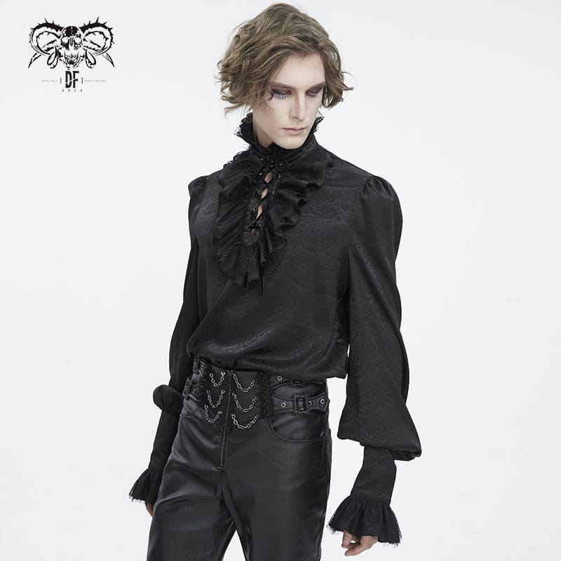 DEVIL FASHION Men's Gothic Stand Collar Ruffled Jacquard Shirt