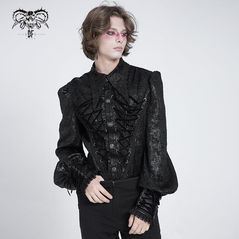 Men's Gothic Strappy Puff Sleeved Lace Hem Shirt – Punk Design