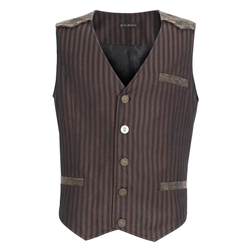 DEVIL FASHION Men's Gothic Striped Faux Leather Splice Coffee Vest