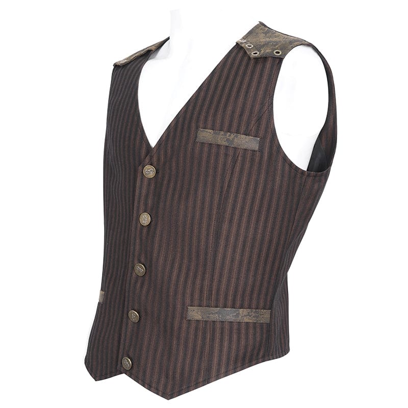 DEVIL FASHION Men's Gothic Striped Faux Leather Splice Coffee Vest