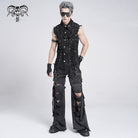 DEVIL FASHION Men's Gothic Studded Lace-up Distressed Vest