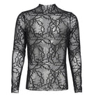 DEVIL FASHION Men's Gothic Thorny Vine Flocked Sheer Mesh Long Sleeve Top