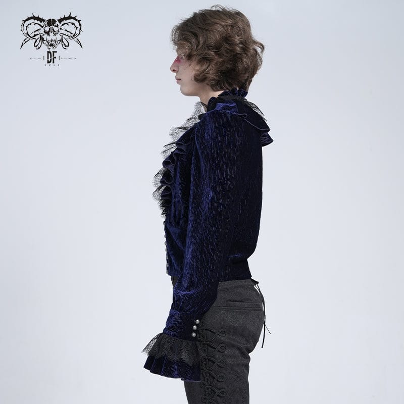 Men's Gothic V-neck Ruffled Lace Splice Shirt Blue – Punk Design