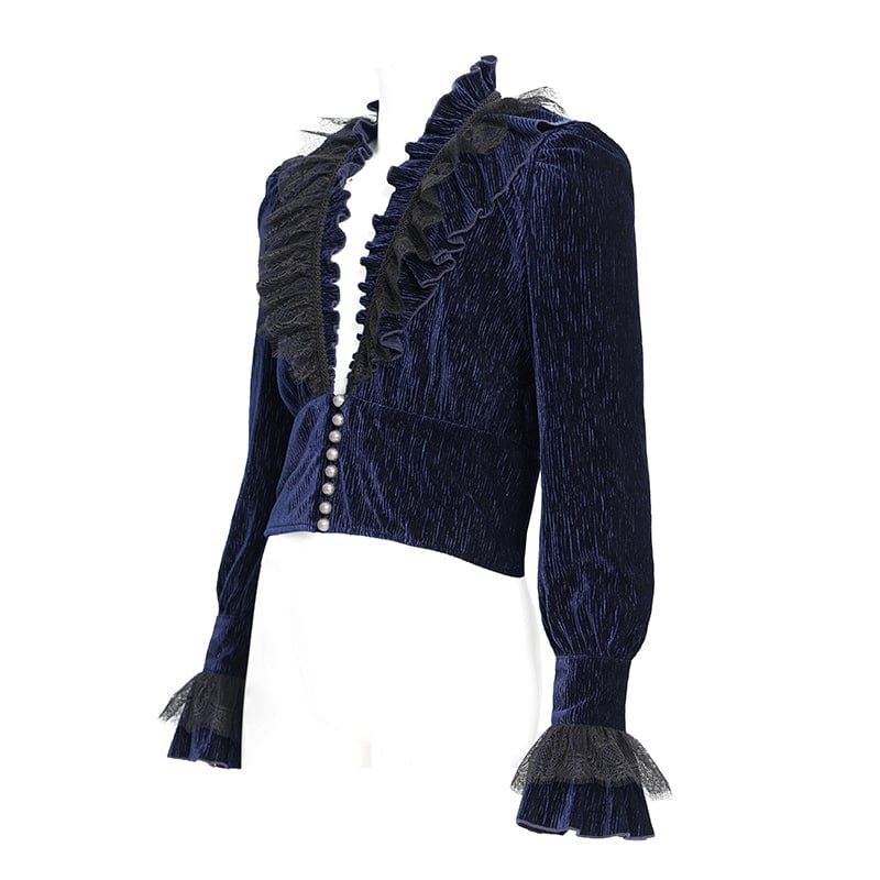 Men's Gothic V-neck Ruffled Lace Splice Shirt Blue – Punk Design