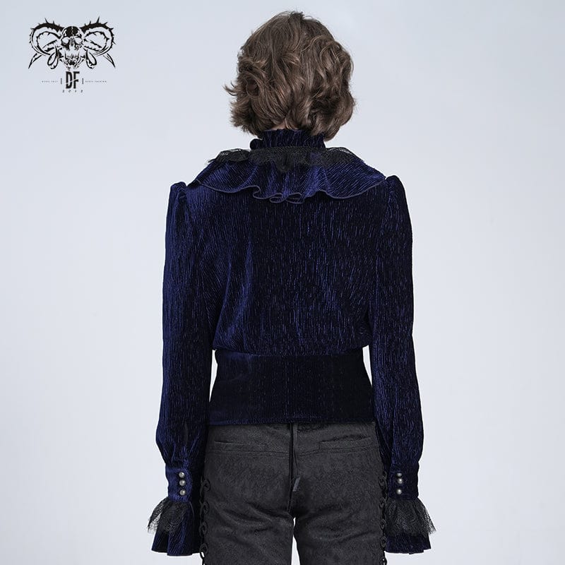 Men's Gothic V-neck Ruffled Lace Splice Shirt Blue – Punk Design