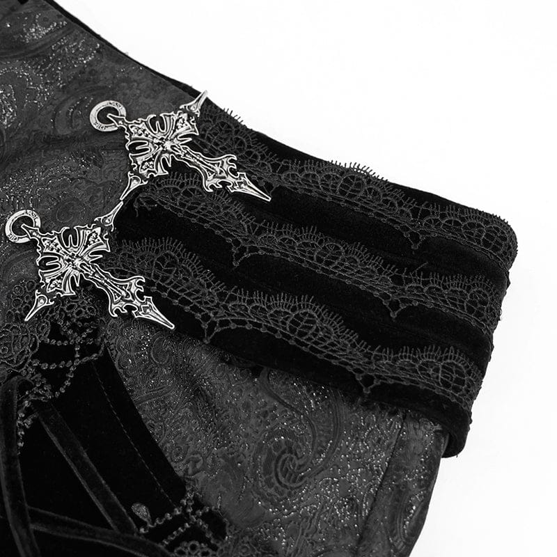 DEVIL FASHION Men's Gothic Velvet Splice Lace-up Cross Pants Black