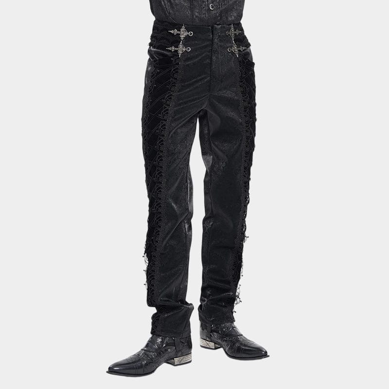 DEVIL FASHION Men's Gothic Velvet Splice Lace-up Cross Pants Black