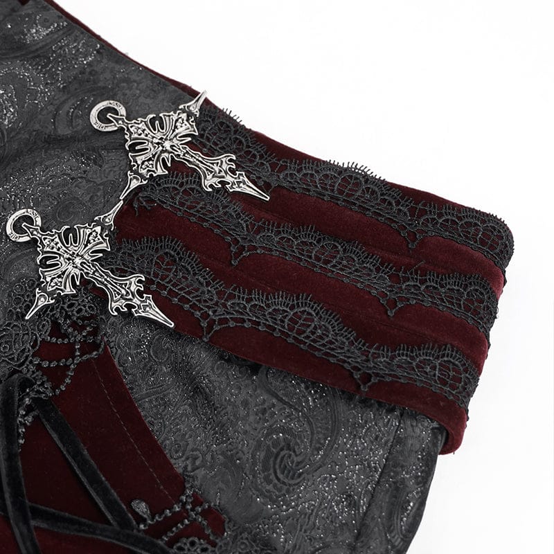 DEVIL FASHION Men's Gothic Velvet Splice Lace-up Cross Pants Black-Red