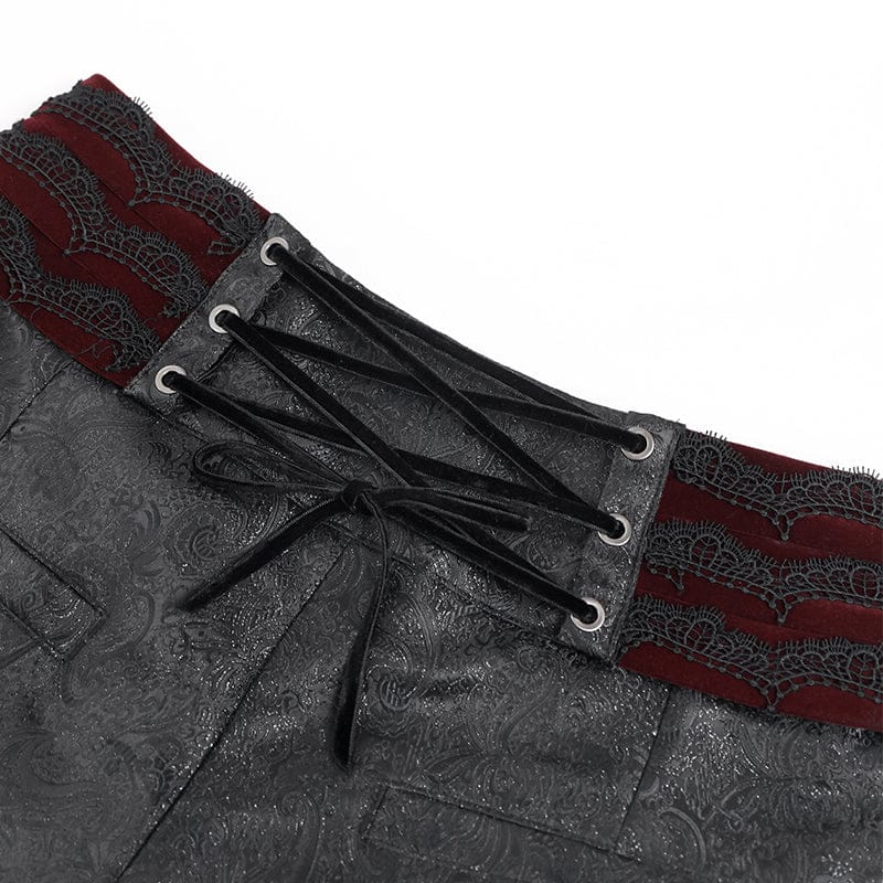 DEVIL FASHION Men's Gothic Velvet Splice Lace-up Cross Pants Black-Red