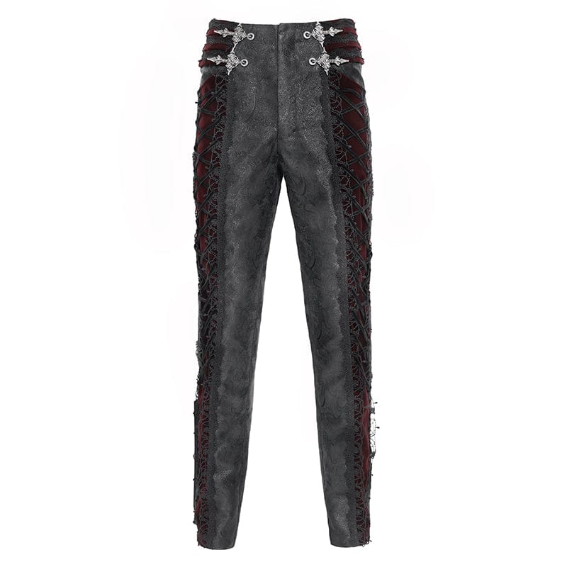 DEVIL FASHION Men's Gothic Velvet Splice Lace-up Cross Pants Black-Red