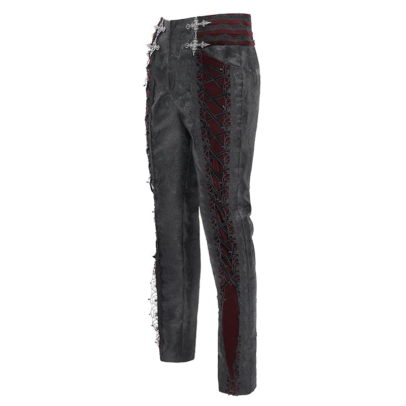DEVIL FASHION Men's Gothic Velvet Splice Lace-up Cross Pants Black-Red