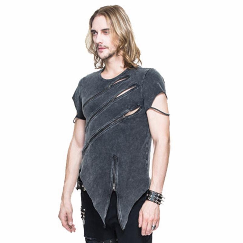 DEVIL FASHION Men's Punk Asymmetric T-shirt With Zip Detailing