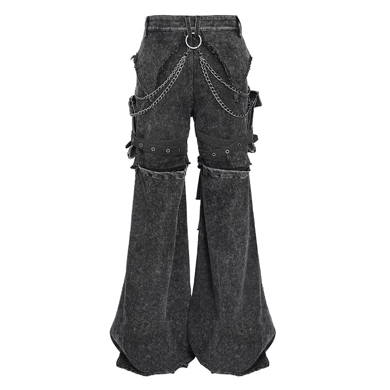 DEVIL FASHION Men's Punk Big-pocket Distressed Pants with Chain