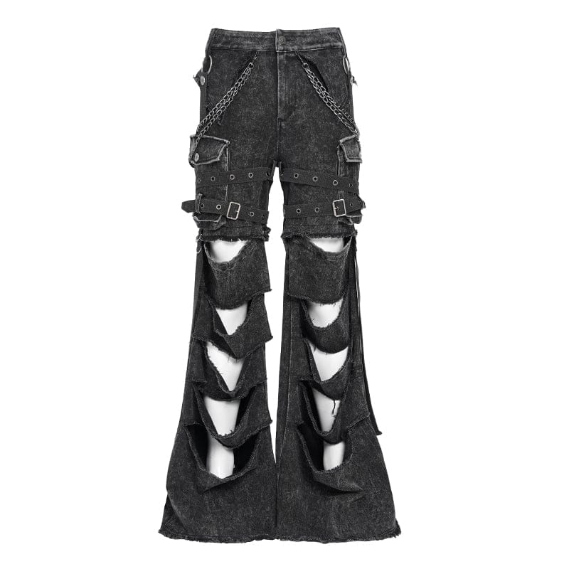 DEVIL FASHION Men's Punk Big-pocket Distressed Pants with Chain