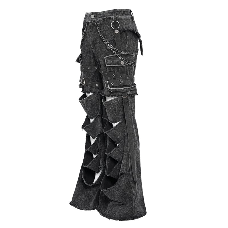 DEVIL FASHION Men's Punk Big-pocket Distressed Pants with Chain