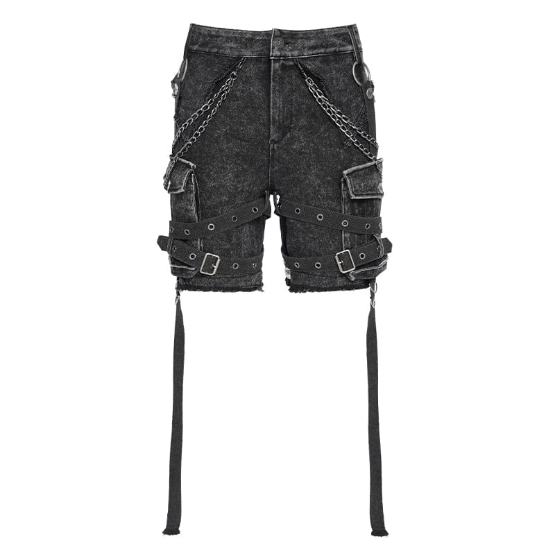 DEVIL FASHION Men's Punk Big-pocket Distressed Pants with Chain