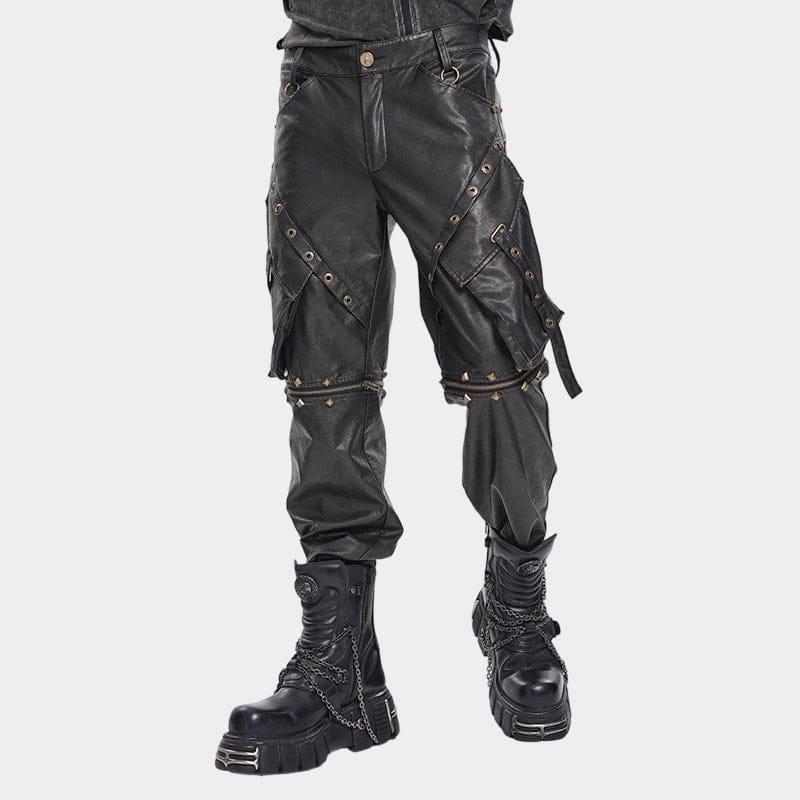 DEVIL FASHION Men's Punk Big Pockets Eyelet & Rivet Pants with Detachable Legs