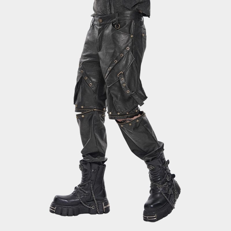DEVIL FASHION Men's Punk Big Pockets Eyelet & Rivet Pants with Detachable Legs