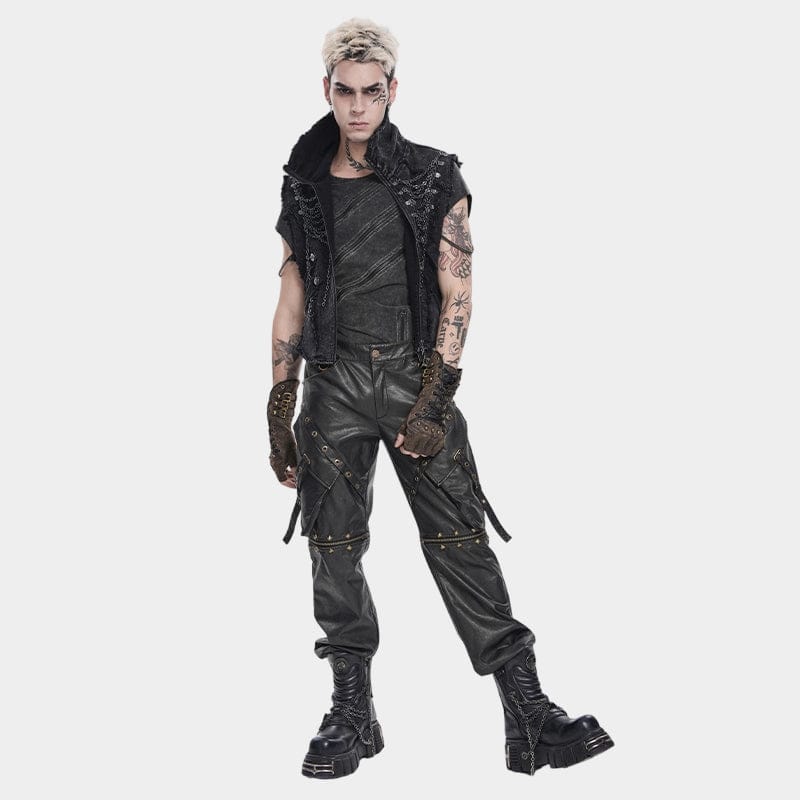 DEVIL FASHION Men's Punk Big Pockets Eyelet & Rivet Pants with Detachable Legs