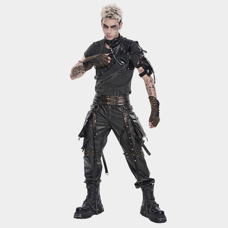 DEVIL FASHION Men's Punk Big Pockets Eyelet & Rivet Pants with Detachable Legs