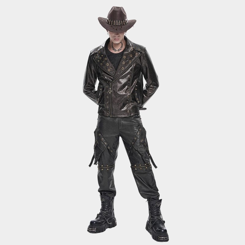 DEVIL FASHION Men's Punk Big Pockets Eyelet & Rivet Pants with Detachable Legs