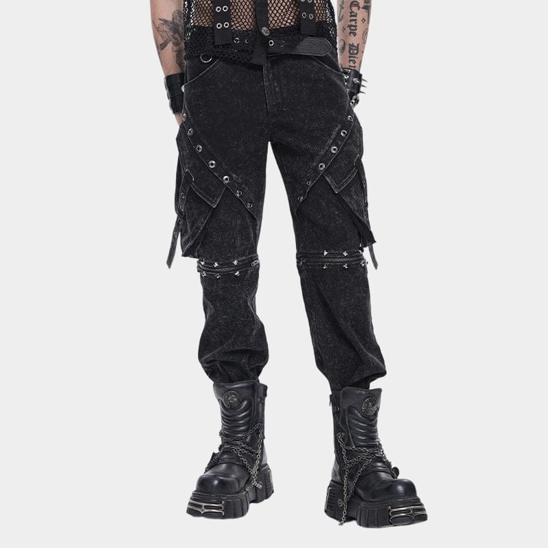 DEVIL FASHION Men's Punk Big Pockets Eyelets Rivets Pants with Detachable Legs