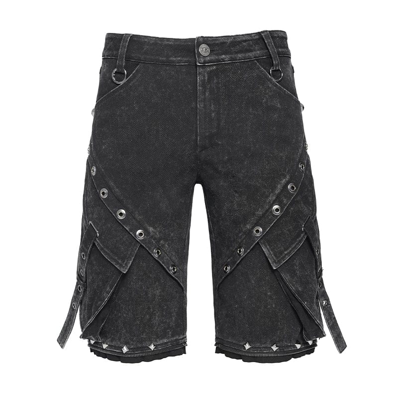 DEVIL FASHION Men's Punk Big Pockets Eyelets Rivets Pants with Detachable Legs