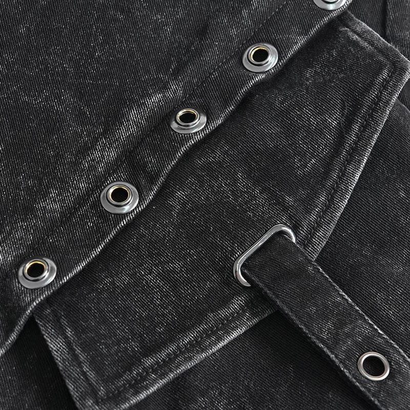 DEVIL FASHION Men's Punk Big Pockets Eyelets Rivets Pants with Detachable Legs