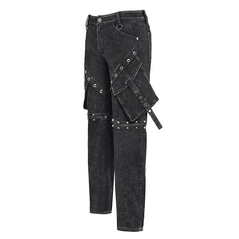 DEVIL FASHION Men's Punk Big Pockets Eyelets Rivets Pants with Detachable Legs