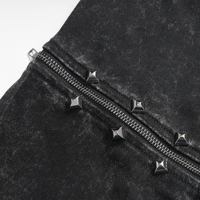 DEVIL FASHION Men's Punk Big Pockets Eyelets Rivets Pants with Detachable Legs