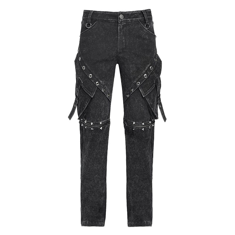 DEVIL FASHION Men's Punk Big Pockets Eyelets Rivets Pants with Detachable Legs