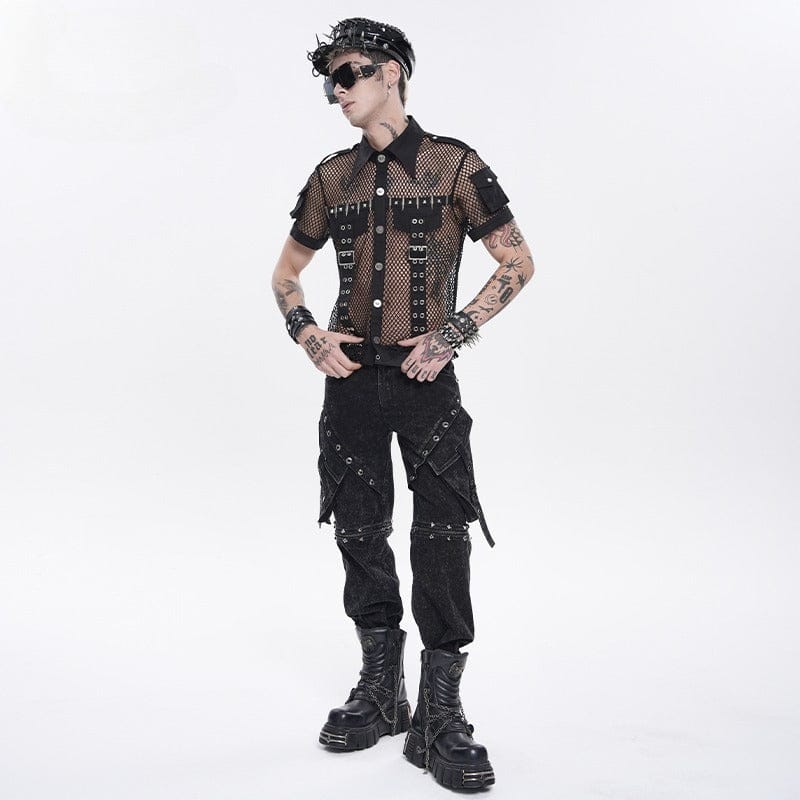 DEVIL FASHION Men's Punk Big Pockets Eyelets Rivets Pants with Detachable Legs
