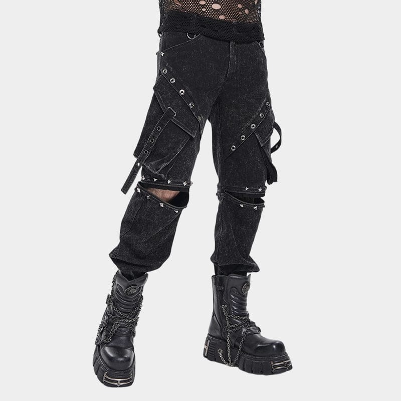 DEVIL FASHION Men's Punk Big Pockets Eyelets Rivets Pants with Detachable Legs