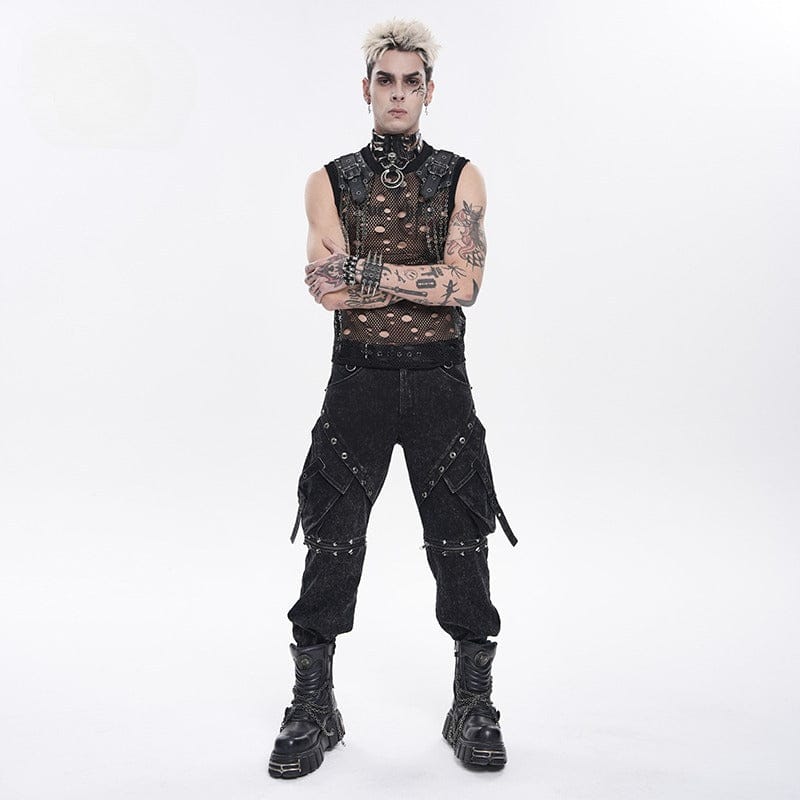 DEVIL FASHION Men's Punk Big Pockets Eyelets Rivets Pants with Detachable Legs