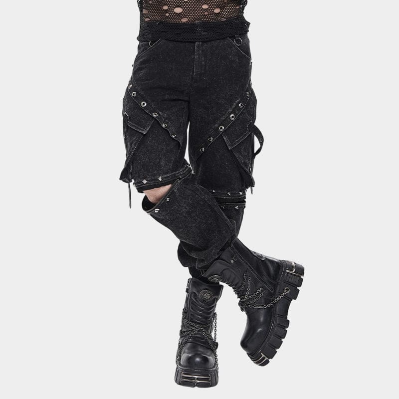 DEVIL FASHION Men's Punk Big Pockets Eyelets Rivets Pants with Detachable Legs