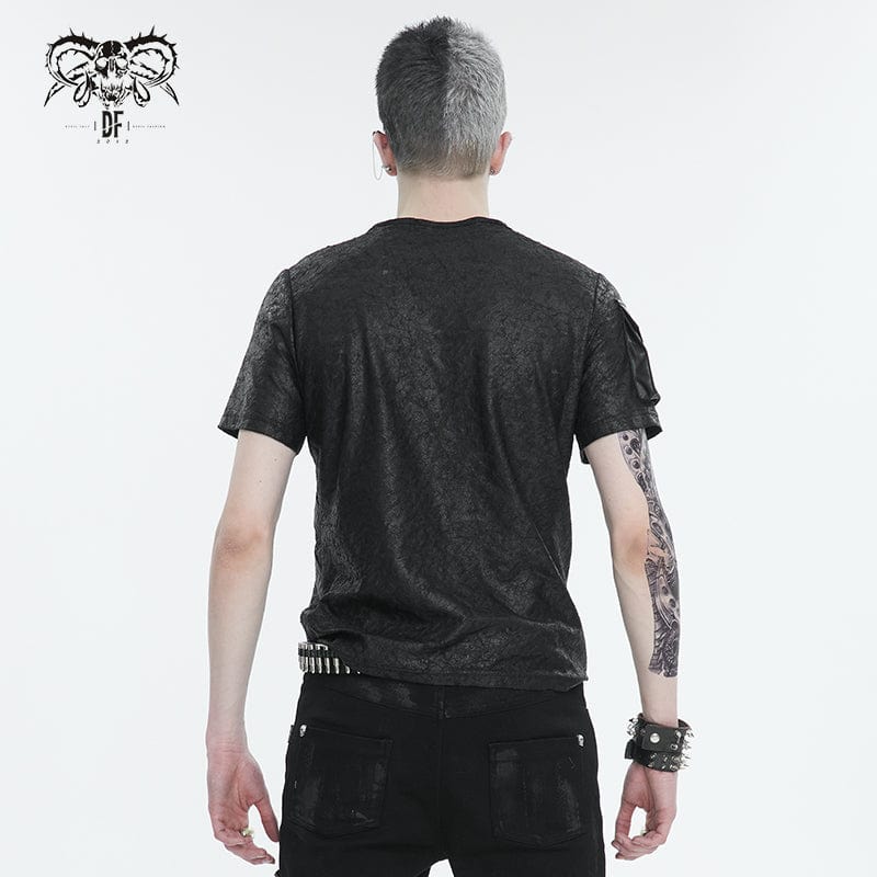 DEVIL FASHION Men's Punk Buckle Splice Faux Leather T-shirt