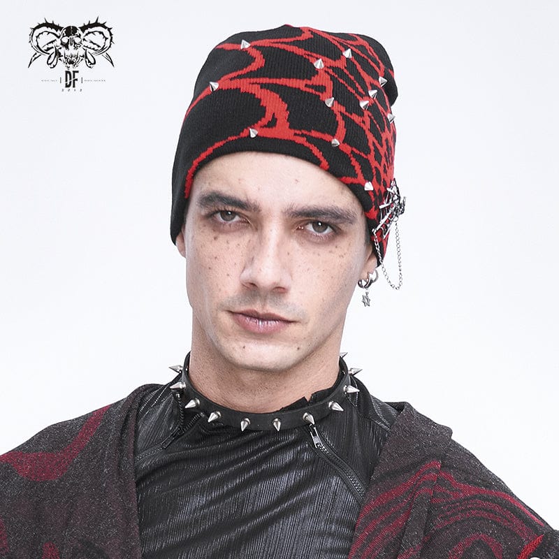 DEVIL FASHION Men's Punk Contrast Color Spider Web Knitted Beanie Red