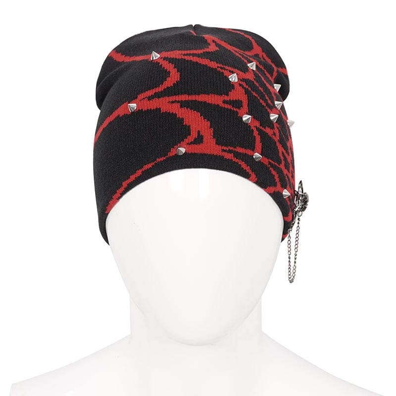 DEVIL FASHION Men's Punk Contrast Color Spider Web Knitted Beanie Red