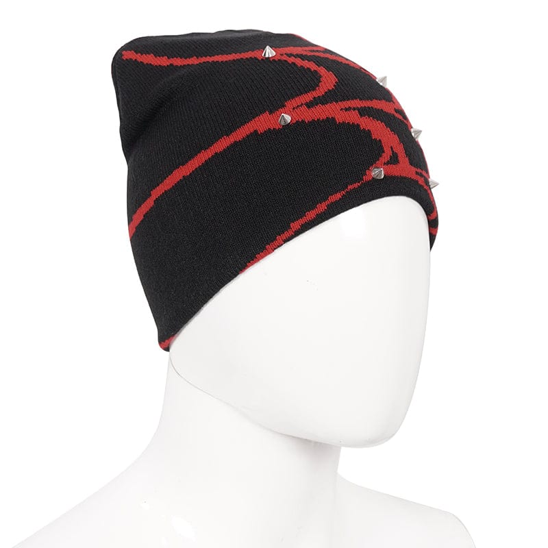 DEVIL FASHION Men's Punk Contrast Color Spider Web Knitted Beanie Red