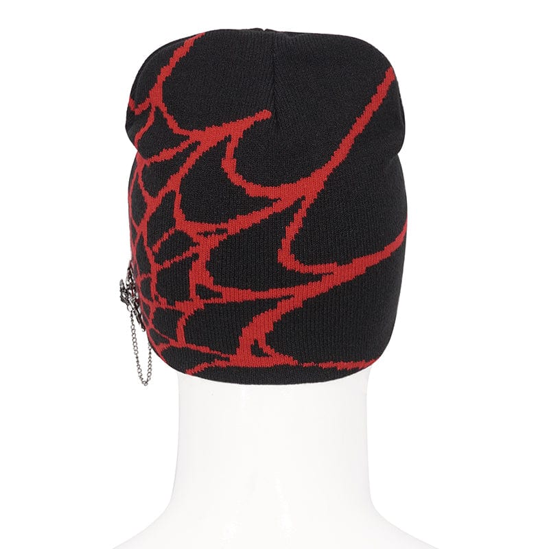 DEVIL FASHION Men's Punk Contrast Color Spider Web Knitted Beanie Red