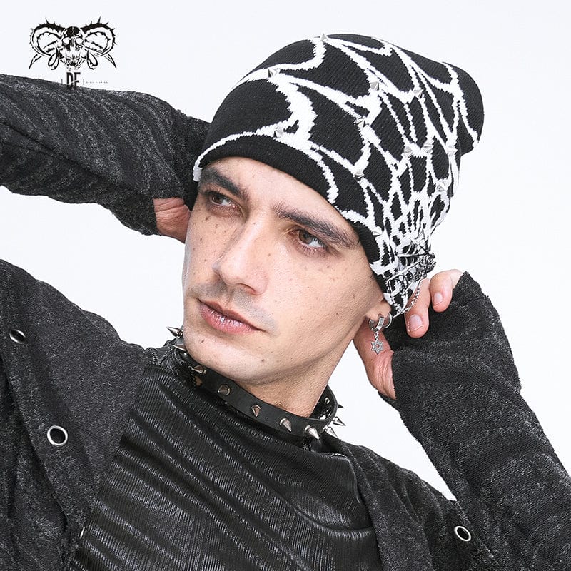 DEVIL FASHION Men's Punk Contrast Color Spider Web Knitted Beanie White