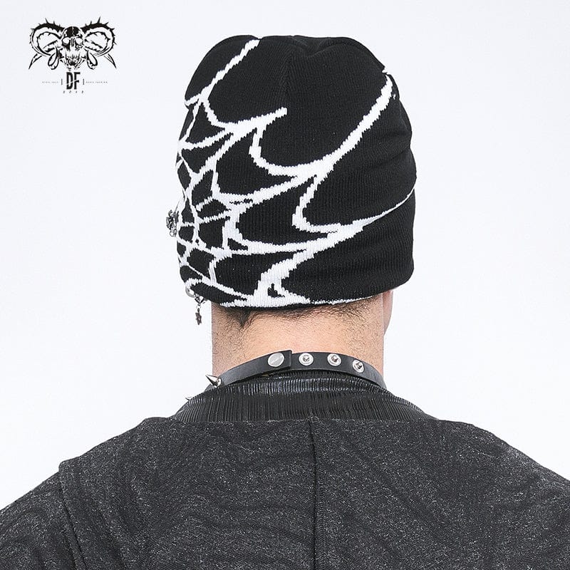 DEVIL FASHION Men's Punk Contrast Color Spider Web Knitted Beanie White