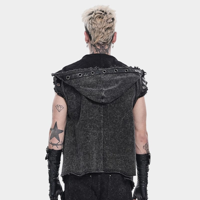 DEVIL FASHION Men's Punk Eyelet Unedged Hooded Vest